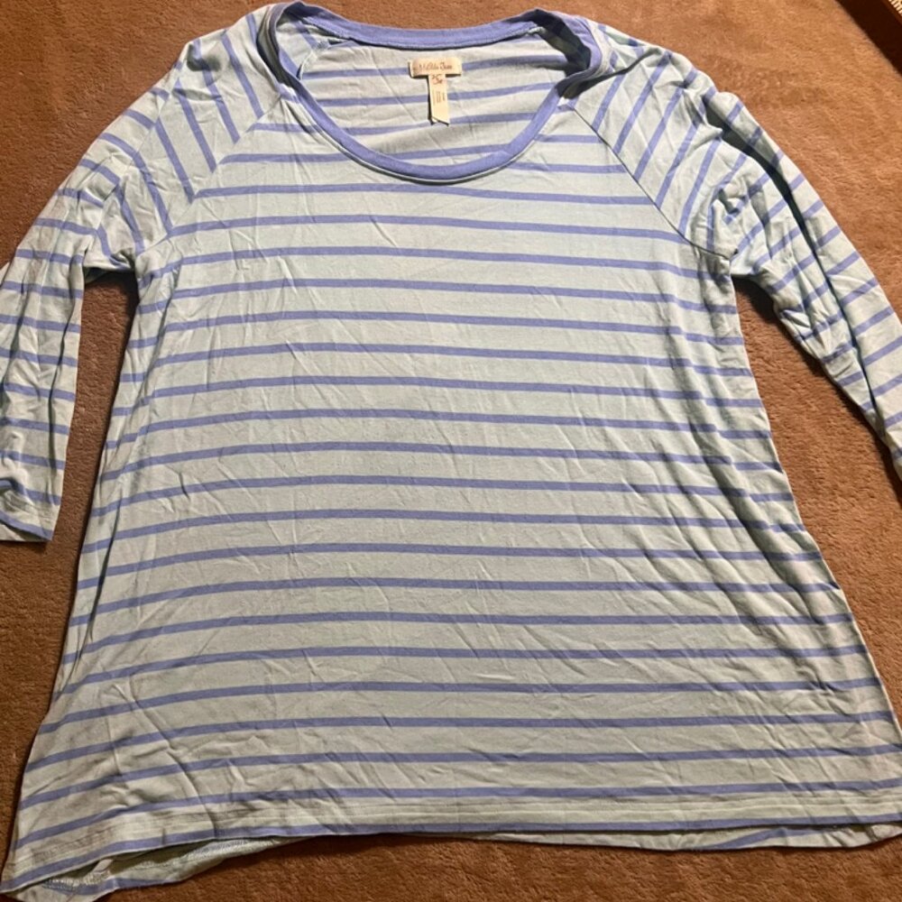 Matilda Jane Women Small Blue Raspberry Stripe 3/4 Sleeve Happy & Free Top